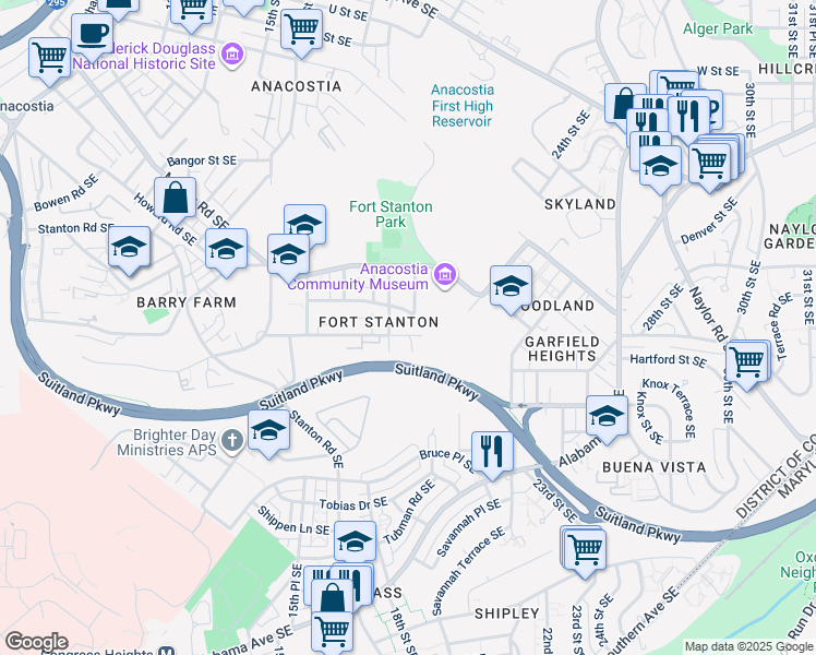 map of restaurants, bars, coffee shops, grocery stores, and more near 1816 Gainesville Street Southeast in Washington