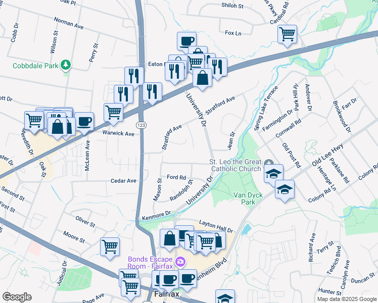 map of restaurants, bars, coffee shops, grocery stores, and more near 3584 Sharpes Meadow Lane in Fairfax