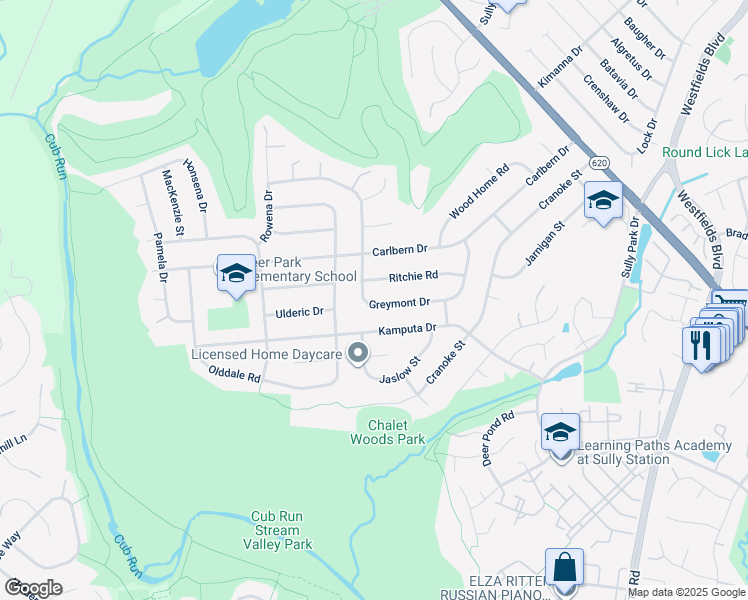 map of restaurants, bars, coffee shops, grocery stores, and more near 14944 Greymont Drive in Centreville