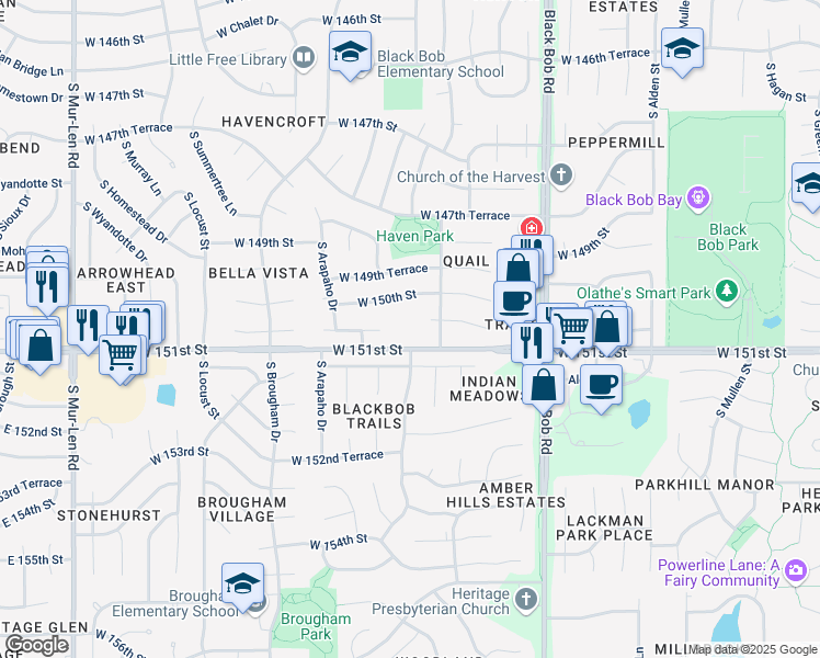 map of restaurants, bars, coffee shops, grocery stores, and more near 15700 West 151st Street in Olathe