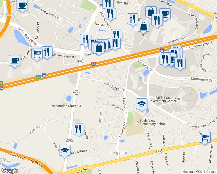 map of restaurants, bars, coffee shops, grocery stores, and more near 12234 Water Elm Lane in Fairfax