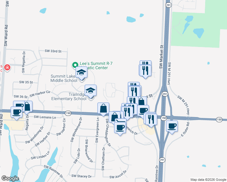 map of restaurants, bars, coffee shops, grocery stores, and more near 3500 Southwest Hollywood Drive in Lee's Summit
