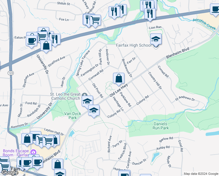 map of restaurants, bars, coffee shops, grocery stores, and more near 3610 Old Lee Highway in Fairfax