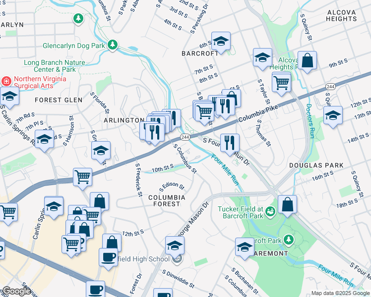 map of restaurants, bars, coffee shops, grocery stores, and more near 4868 10th Street South in Arlington