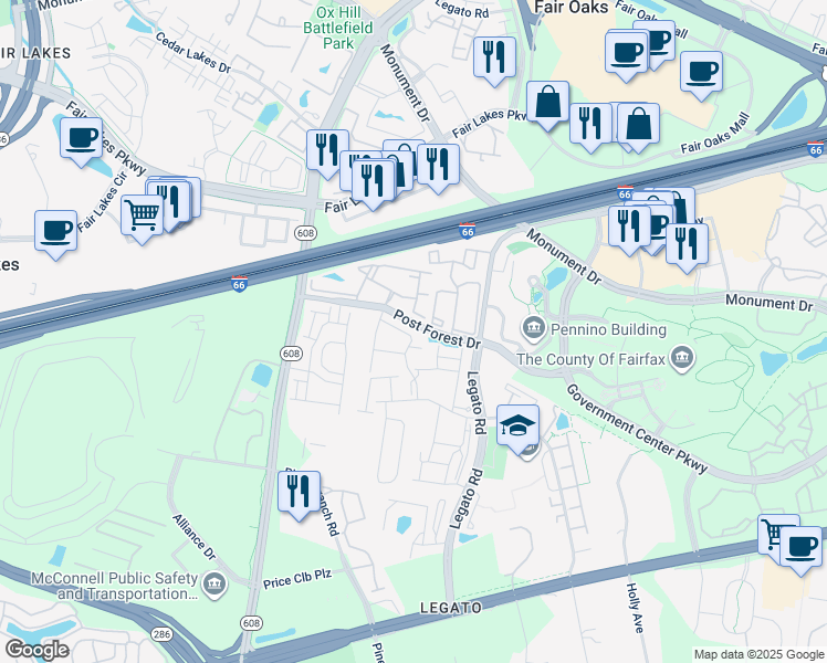map of restaurants, bars, coffee shops, grocery stores, and more near 12234 Water Elm Lane in Fairfax