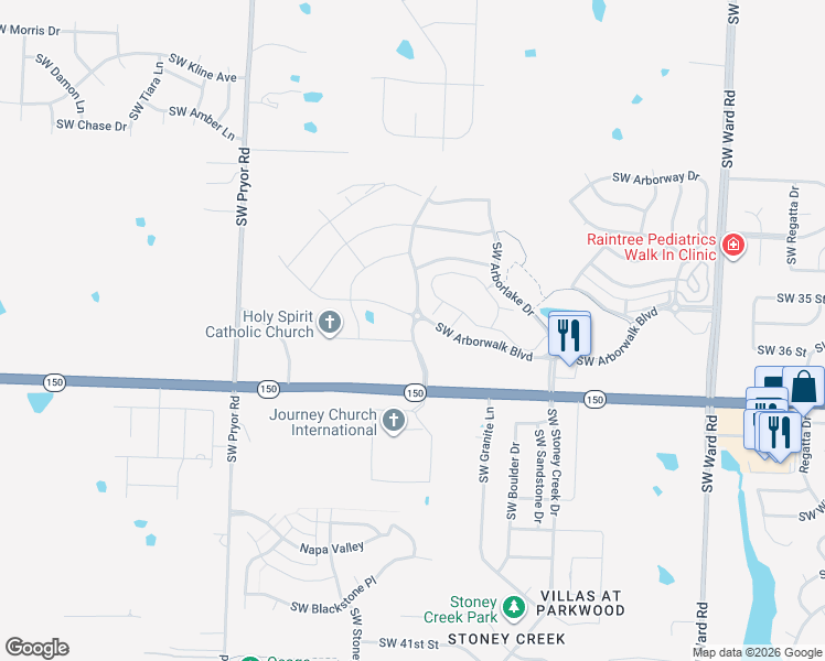 map of restaurants, bars, coffee shops, grocery stores, and more near Arboridge in Lee's Summit