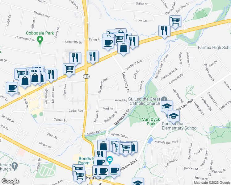 map of restaurants, bars, coffee shops, grocery stores, and more near 3584 Sharpes Meadow Lane in Fairfax