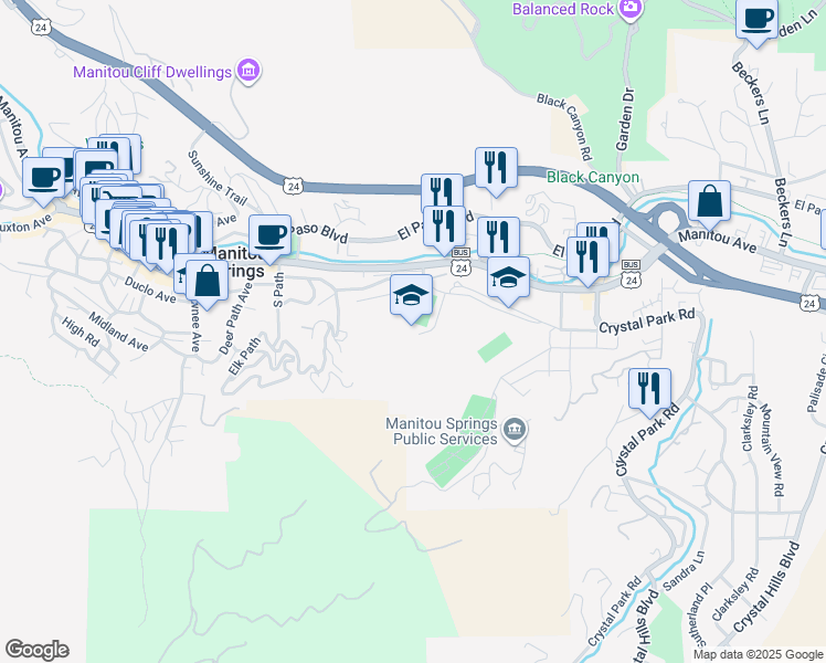 map of restaurants, bars, coffee shops, grocery stores, and more near 415 El Monte Place in Manitou Springs