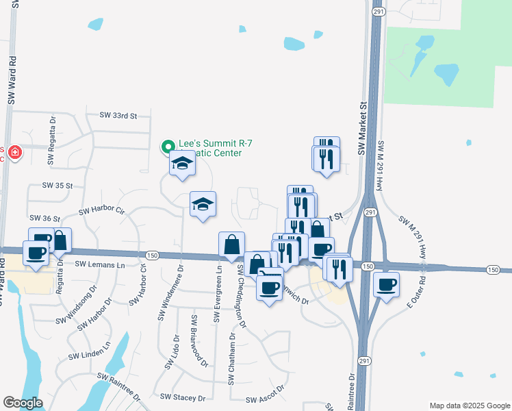 map of restaurants, bars, coffee shops, grocery stores, and more near 3500 Southwest Hollywood Drive in Lee's Summit