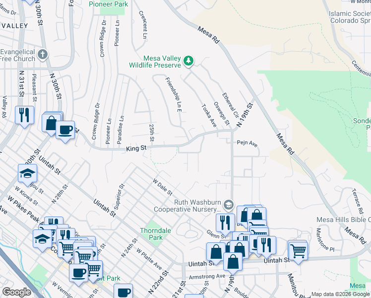 map of restaurants, bars, coffee shops, grocery stores, and more near 2207 Friendship Circle in Colorado Springs