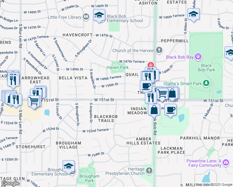 map of restaurants, bars, coffee shops, grocery stores, and more near 15700 West 151st Street in Olathe