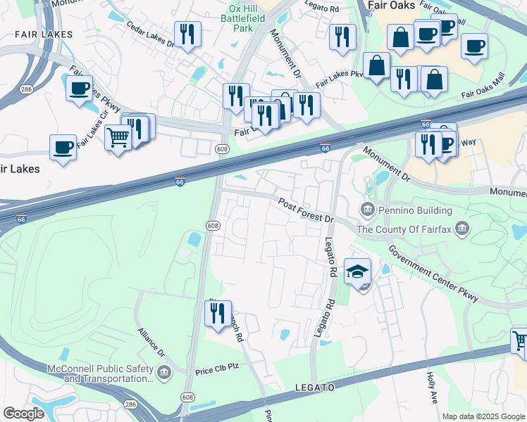 map of restaurants, bars, coffee shops, grocery stores, and more near 4456 Black Ironwood Drive in Fairfax
