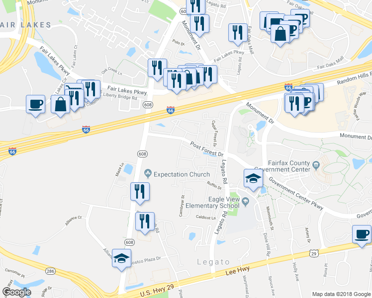 map of restaurants, bars, coffee shops, grocery stores, and more near 12253 Water Elm Lane in Fairfax