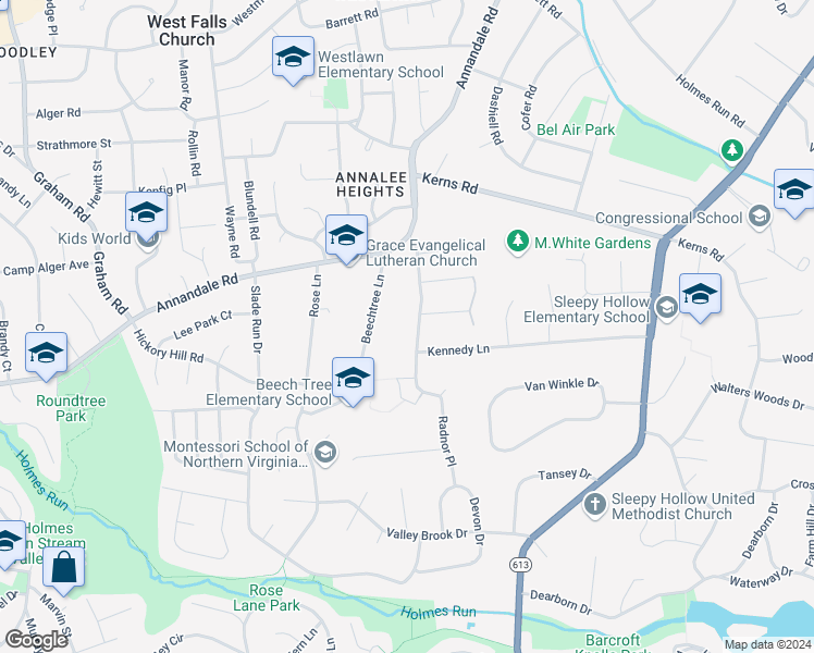 map of restaurants, bars, coffee shops, grocery stores, and more near 3318 Holloman Road in Falls Church