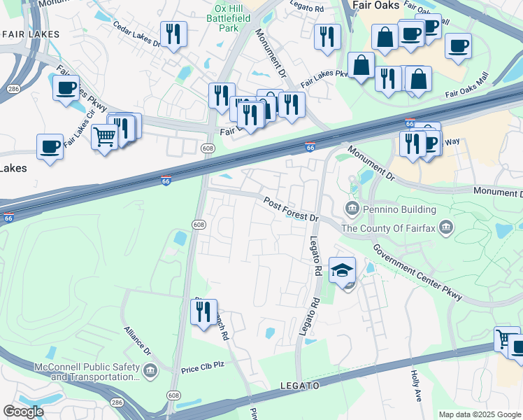 map of restaurants, bars, coffee shops, grocery stores, and more near 12253 Water Elm Lane in Fairfax