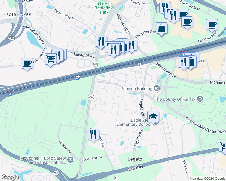 map of restaurants, bars, coffee shops, grocery stores, and more near 4456 Black Ironwood Drive in Fairfax