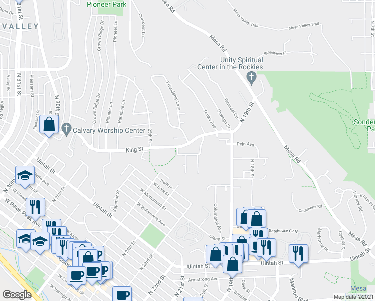 map of restaurants, bars, coffee shops, grocery stores, and more near 2125 King Street in Colorado Springs