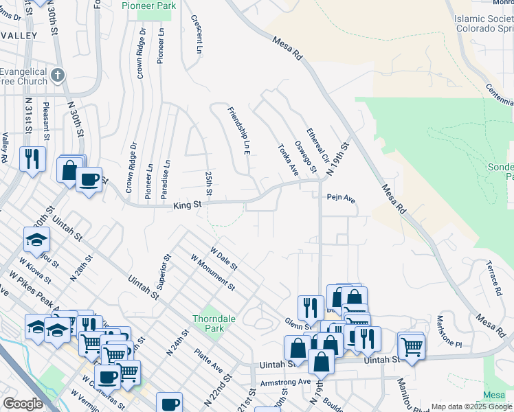 map of restaurants, bars, coffee shops, grocery stores, and more near 2125 King Street in Colorado Springs