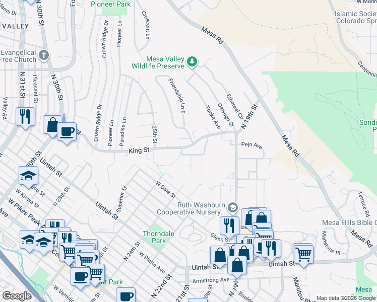 map of restaurants, bars, coffee shops, grocery stores, and more near 2207 Friendship Circle in Colorado Springs