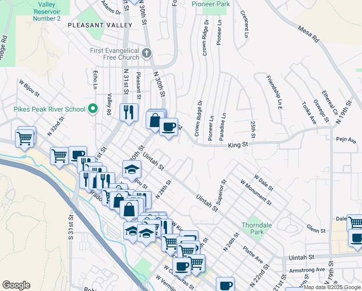 map of restaurants, bars, coffee shops, grocery stores, and more near 536 Winnie Way in Colorado Springs