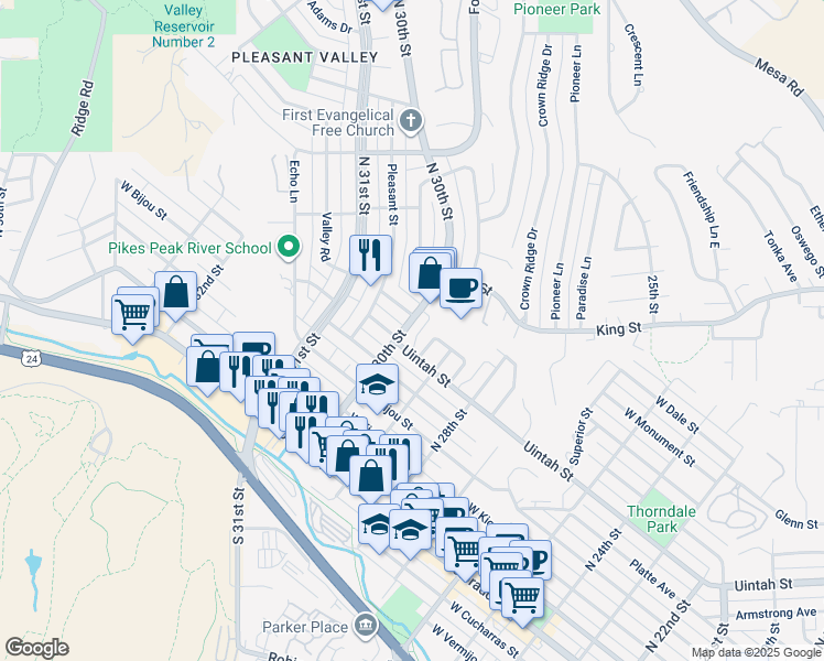 map of restaurants, bars, coffee shops, grocery stores, and more near 3007 West Saint Vrain Street in Colorado Springs