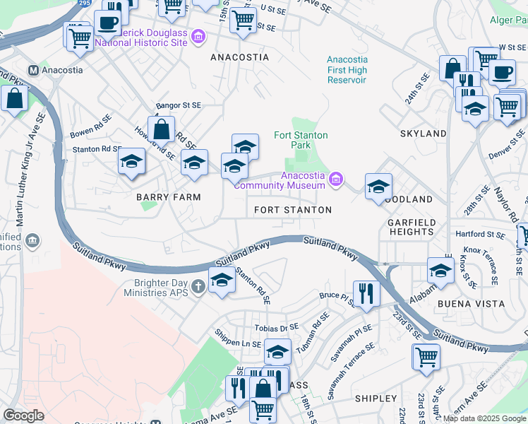 map of restaurants, bars, coffee shops, grocery stores, and more near 1616 Gainesville Street Southeast in Washington