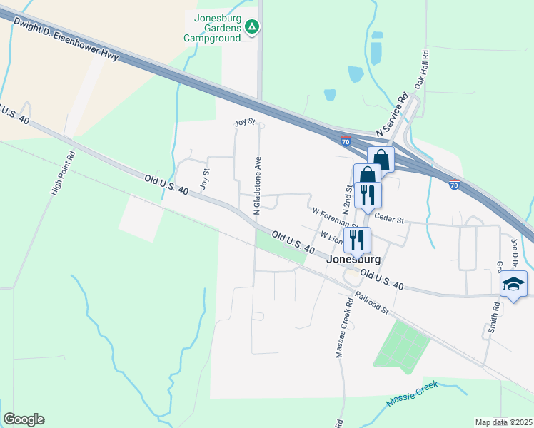 map of restaurants, bars, coffee shops, grocery stores, and more near 116 Anna Marie Drive in Jonesburg