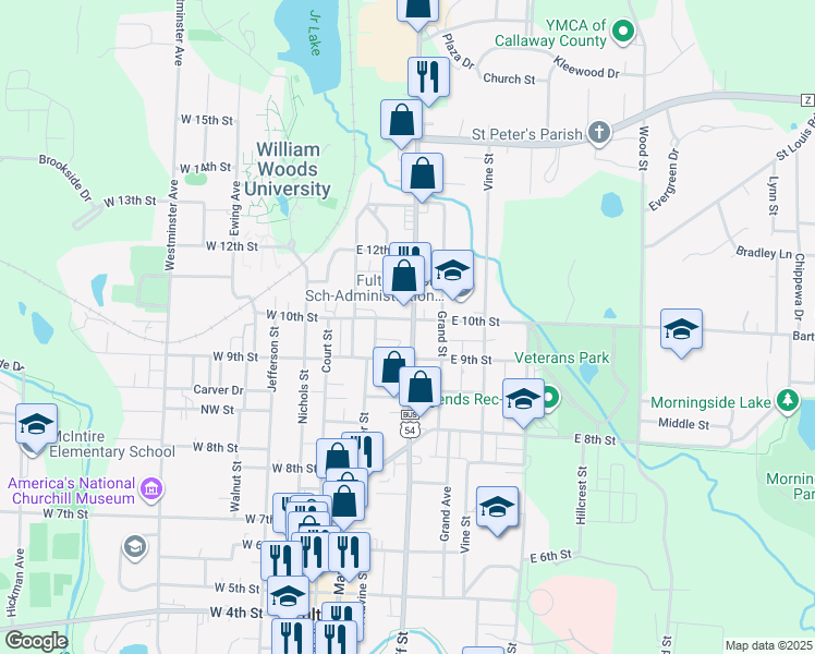 map of restaurants, bars, coffee shops, grocery stores, and more near 1000-1098 North Bluff Street in Fulton