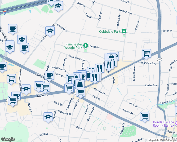 map of restaurants, bars, coffee shops, grocery stores, and more near 10813 Woodhaven Drive in Fairfax
