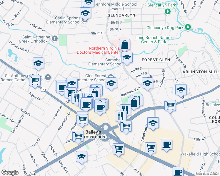 map of restaurants, bars, coffee shops, grocery stores, and more near 5829 Glen Forest Drive in Falls Church