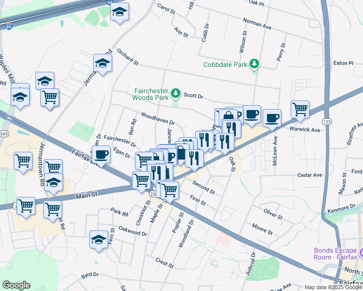 map of restaurants, bars, coffee shops, grocery stores, and more near 10813 Woodhaven Drive in Fairfax