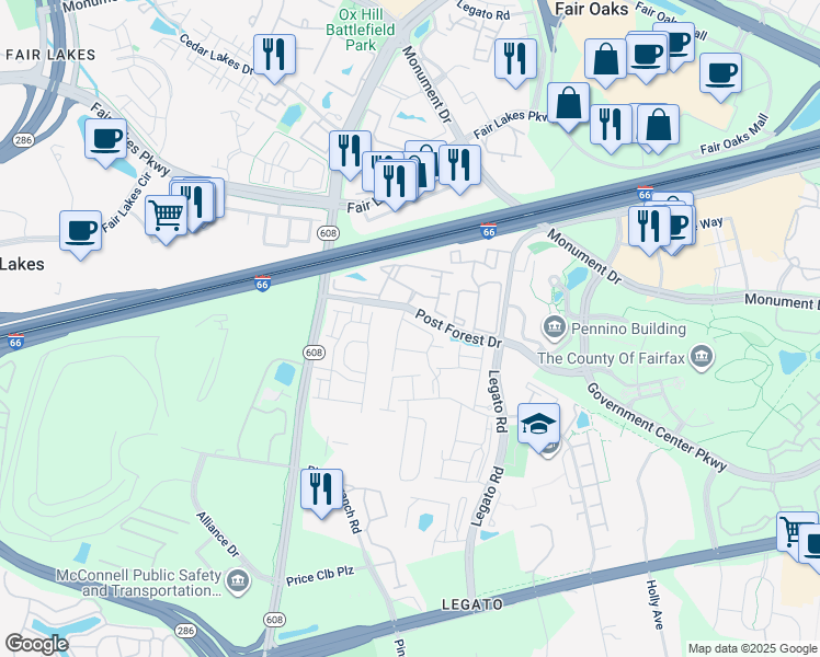map of restaurants, bars, coffee shops, grocery stores, and more near 12255 Water Elm Lane in Fairfax
