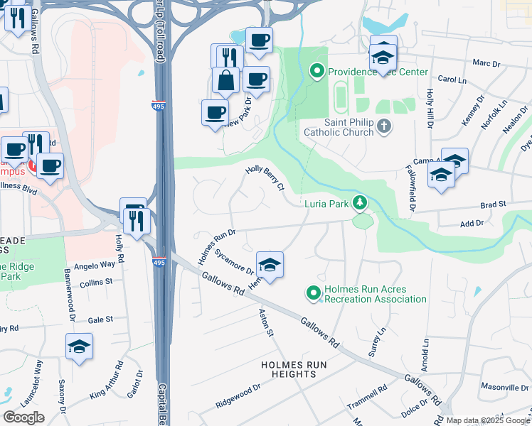 map of restaurants, bars, coffee shops, grocery stores, and more near 7805 Fieldcrest Ct in Falls Church