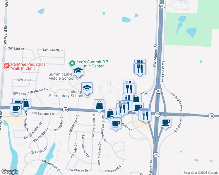 map of restaurants, bars, coffee shops, grocery stores, and more near 3500 Southwest Hollywood Drive in Lee's Summit