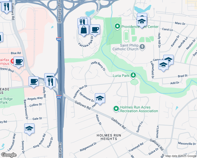 map of restaurants, bars, coffee shops, grocery stores, and more near 7805 Fieldcrest Ct in Falls Church