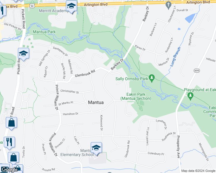 map of restaurants, bars, coffee shops, grocery stores, and more near 3407 Barkley Drive in Fairfax