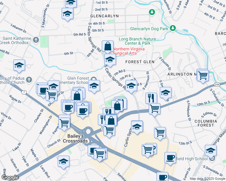 map of restaurants, bars, coffee shops, grocery stores, and more near 3301 Spring Lane in Falls Church
