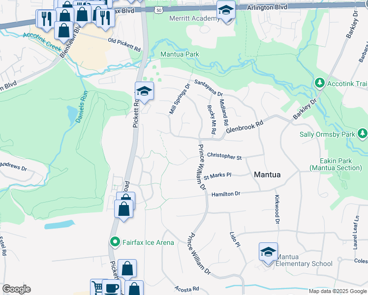 map of restaurants, bars, coffee shops, grocery stores, and more near 3405 Saint Pauls Place in Fairfax