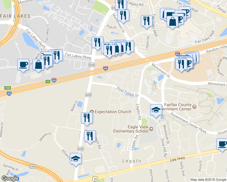 map of restaurants, bars, coffee shops, grocery stores, and more near 12259 Water Elm Lane in Fairfax