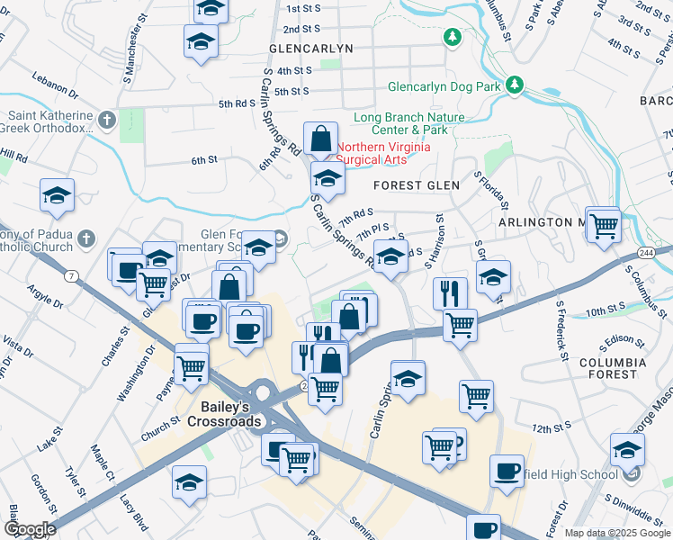 map of restaurants, bars, coffee shops, grocery stores, and more near 3301 Spring Lane in Falls Church