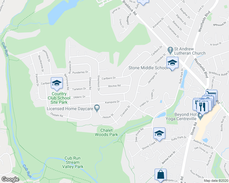 map of restaurants, bars, coffee shops, grocery stores, and more near 14930 Greymont Drive in Centreville