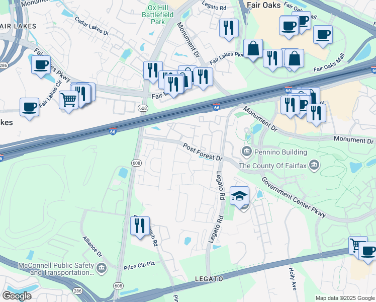map of restaurants, bars, coffee shops, grocery stores, and more near 12242 Water Elm Lane in Fairfax
