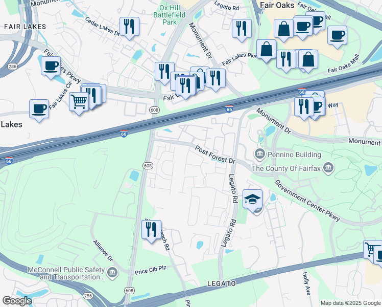 map of restaurants, bars, coffee shops, grocery stores, and more near 12259 Water Elm Lane in Fairfax