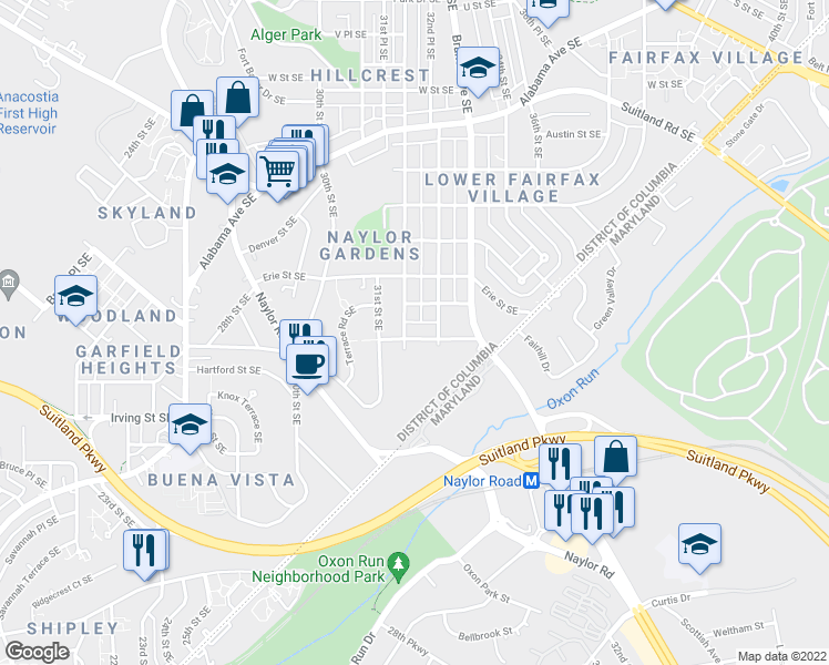 map of restaurants, bars, coffee shops, grocery stores, and more near 3204 Gainesville Street Southeast in Washington
