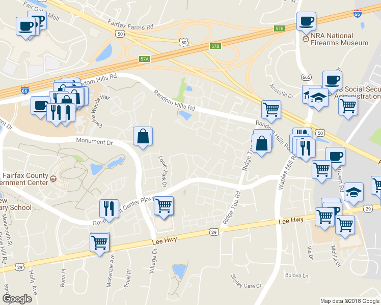 map of restaurants, bars, coffee shops, grocery stores, and more near 4009 Fairfax Center Hunt Trail in Fairfax
