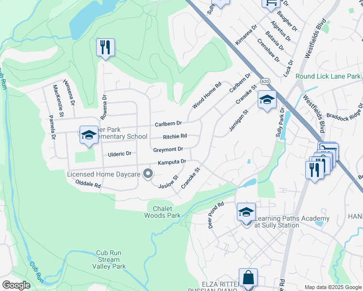 map of restaurants, bars, coffee shops, grocery stores, and more near 14926 Greymont Drive in Centreville