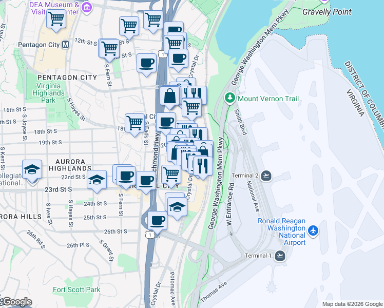 map of restaurants, bars, coffee shops, grocery stores, and more near 2011 Crystal Drive in Arlington