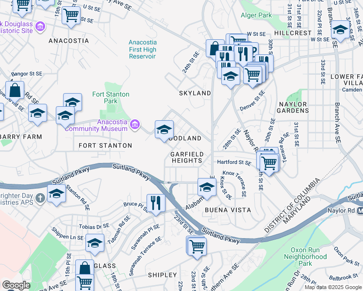 map of restaurants, bars, coffee shops, grocery stores, and more near 2840 Langston Place Southeast in Washington
