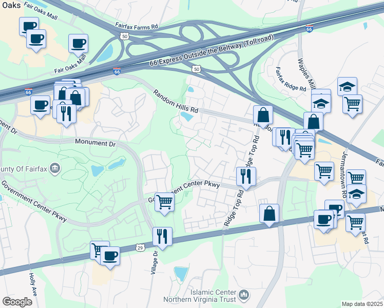 map of restaurants, bars, coffee shops, grocery stores, and more near 4009 Fairfax Center Hunt Trail in Fairfax