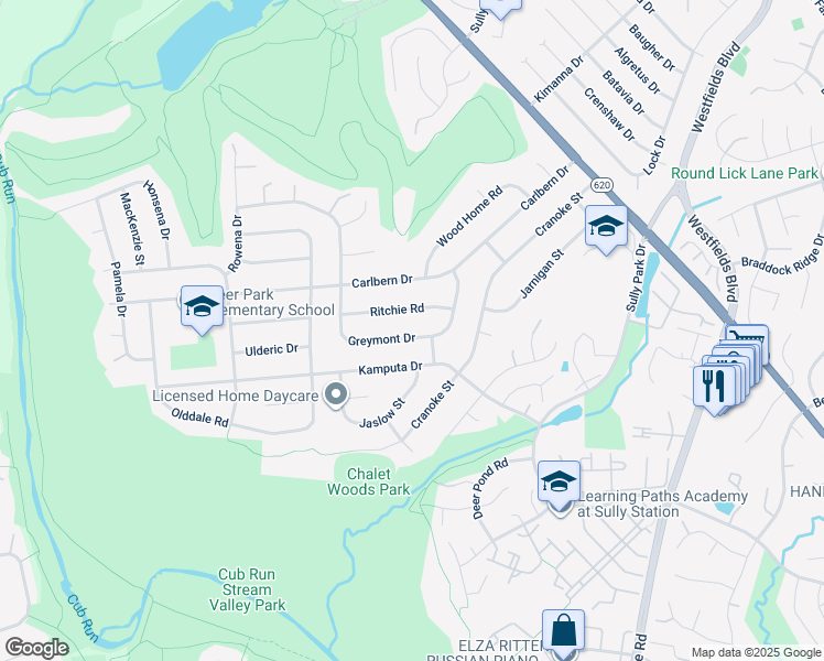 map of restaurants, bars, coffee shops, grocery stores, and more near 14926 Greymont Drive in Centreville